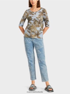 Marc Cain Tulostettu t-paita hienolla uritetulla mallilla kevyt jauhe sininen vaatteet V0LL481412 Marc Cain Helsinki